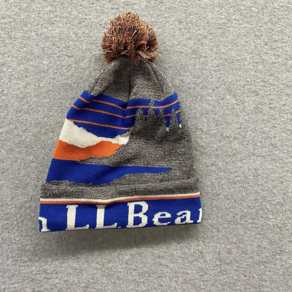 L.L.Bean Mountain Katahdin Scene Pom Beanie Hat Blue Orange Gray Winter Ski